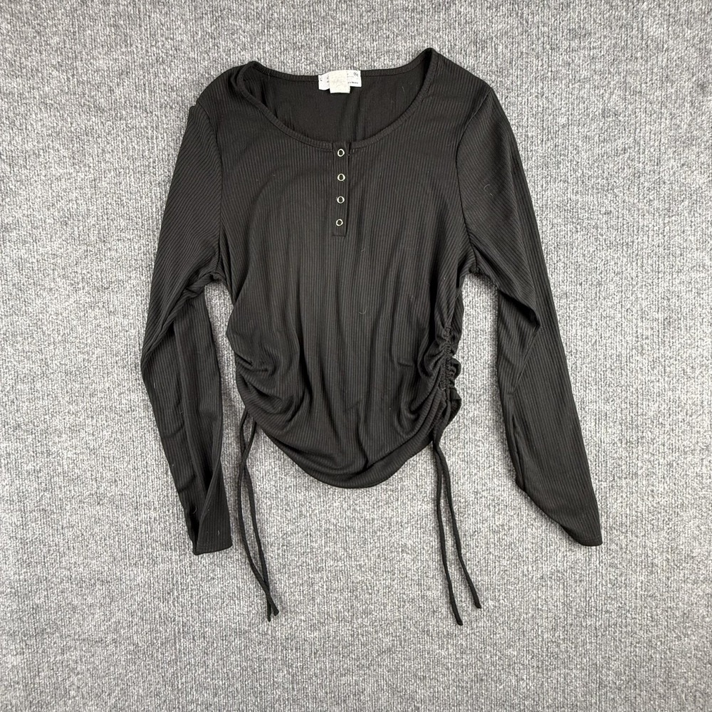 Y2K Skönhet‎ Shirt Womens XL Black Ribbed Henley Ruched Drawstring Long Sleeve